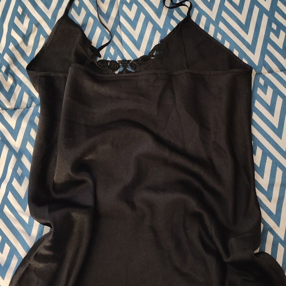 VTG 80s Black Satin Floral Crochet Mini‎ Intimates Slip Dress Size Large - Picture 10 of 12